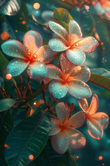 frangipani flowers made of liquid crystal, shifting shapes and hues with the forest's mood, a natura