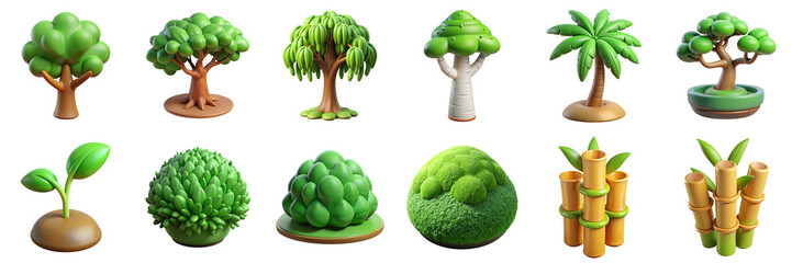 Trees 3D icons. Illustration of deciduous tree, palm, bonsai, topiary, birch, bamboo plant