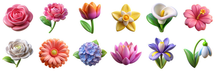 Flowers 3D icons. Illustration of rose, camellia, tulip, daffodil, calla lily, hibiscus, lotus, iris blossom