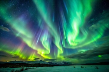 photoreal aurora over the lake sky mountain range background