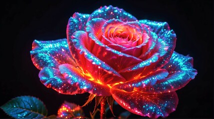 glowing red rose flower with sparkles in dark background