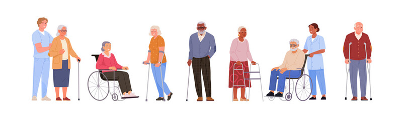 aged people with assistive devices. vector illustration in cartoon flat style of senior people with 