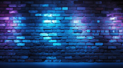 Wall Mural - Modern futuristic blue purple neon lights on old grunge brick wall room background. 3d rendering