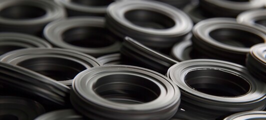 Precision-engineered rubber gaskets arrayed closely together, highlighting industrial components used in automotive manufacturing.