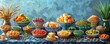 Nowruz festive table. arabic dessert baklava, sweets, nuts, dry fruits, green wheat grass on blue background.art illustration