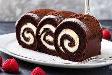 Wall Mural - Delicious chocolate Swiss roll on a white plate