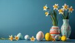 A blue background with a bunch of Easter eggs and flowers by AI generated image