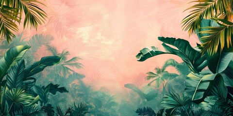 Wall Mural - Watercolor wallpaper pattern. Jungle landscape in retro wallpaper style, Generative AI