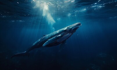 A deep-sea view with a majestic blue whale swimming in the midst, Generative AI