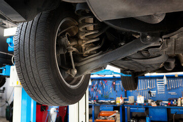 Underneath view of car with shock absorber