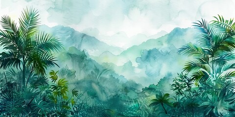 Wall Mural - Lush jungle landscape in watercolor style, Generative AI