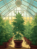Fototapeta Storczyk - Illustration of green cannabis marijuana plants in green house, growing cannabis for medicine concept 