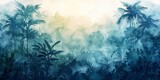 Fototapeta Konie - Watercolor pattern wallpaper. Painting of a jungle landscape, Generative AI