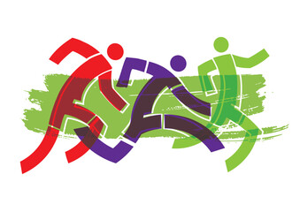 Wall Mural - Running race, marathon, jogging.
 Stylized illustration of three running racers on green expressive brush stroke. Isolated on white background. Vector available.