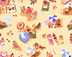 Poster - Seamless beach pattern with people sunbathing and relaxing on summer holiday, vacation. Tiny tourists at sea resort, repeating print, background for fabric, wrapping design. Flat vector illustration