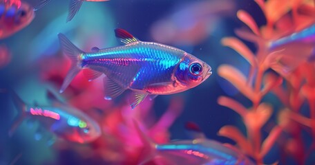 Neon tetra, glowing blue stripe, close-up, underwater, vibrant, crisp, ethereal ambiance. 