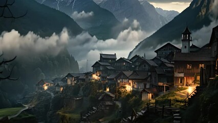 Sticker - Wooden village in the Himalayas at night, Nepal, AI Generated