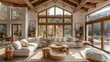 A cozy large living room wood conservatory with high ceiling. The main color tone of this image is a mix of white and light browns. Generative AI.