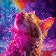 A kitten lapping up water, eyes closed in bliss, against a vibrant splash of neon colors