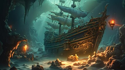 Wall Mural - Pirate ship in the cave. 3d illustration. Fantasy, AI Generated