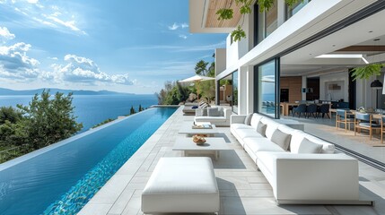 Wall Mural - A contemporary bright luxury modern living room in a private villa with pool deck with sea view. Generative AI.