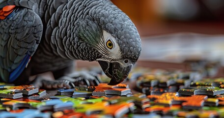 Canvas Print - African Grey, puzzle solving, close-up, focused, indoor setting, intelligent, detailed, curious engagement. 