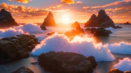 Wall Mural - Sunset over the rocks on the Atlantic ocean in Portugal. Long exposure, An evening sunset over a tranquil ocean, AI Generated