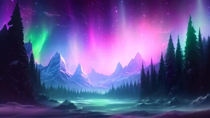 Sticker - Fantasy landscape with northern lights and aurora borealis. Vector illustration, An icy and frosty texture of a snowflake, AI Generated