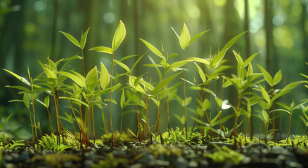 Wall Mural - A group of green bamboo shoots sprouting from the ground, with moss and grass in front. Generative AI.