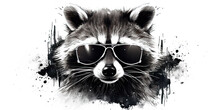 In Black And White Illustration Portrait Of A Stylish Raccoon In Sunglasses On A White Background.