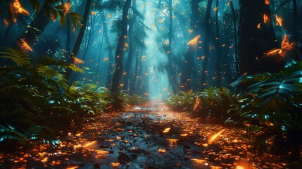 Poster - Walk through a dark mysterious jungle. Generative AI.