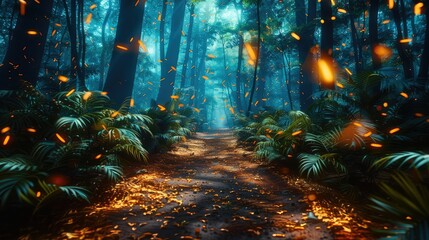 Poster - Walk through a dark mysterious jungle. Generative AI.