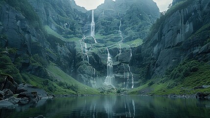 Wall Mural - The mountain peaks from a waterfall. Generative AI.
