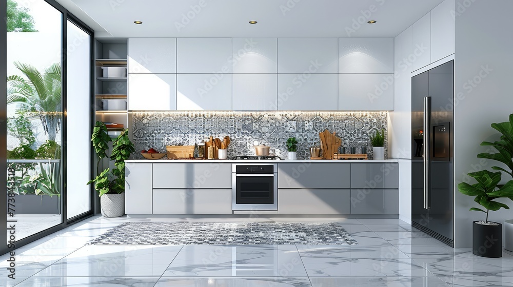 Modern kitchen with grey cabinets and white walls, interior design ...