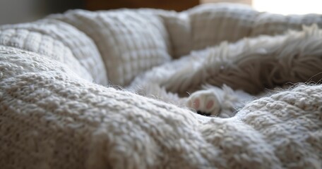 Poster - Handmade pet bed, close-up, cozy fabrics, inviting, soft lighting, plush, welcoming texture.