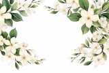 Fototapeta  - watercolor of jasmine clipart featuring delicate white flowers and green leaves. flowers frame, botanical border, floral frame, Foliage bouquet for wedding, stationery, invitations, cards.