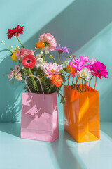 Wall Mural - Two shopping bags with flowers inside, a pink and orange paper bag,  light blue background, bright, vibrant colors, a closeup. Summer or spring idea.