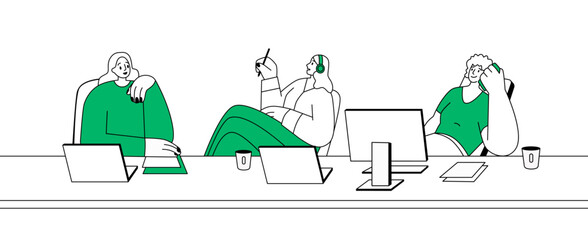 Fototapete - Call centre workers in headset relax on workplace. People take break during work on the desk. Employees of technical support talk, chat. Flat isolated contour vector illustration on white background
