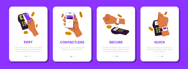 Poster - Design of onboarding cards in banking app set. UI templates of welcome walkthrough screens. GUI of slides about contactless payment in phone money application. Flat isolated vector illustrations