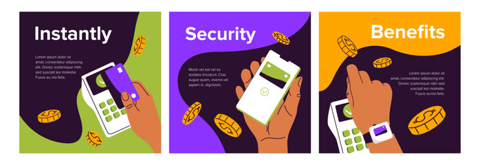 Poster - Advertising cards of contactless cashless payment set. Hands pay in POS terminal using banking app. Buy, make purchases with phone, smartwatch. Promotion of NFC technology. Flat vector illustrations
