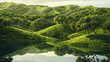 A serene landscape of rolling green hills, dotted with trees and small lakes reflecting the vibrant greens around them