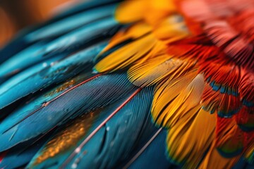 ultra close-up view of a beautiful hyperdetailed texture bird multicolored feather