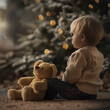 © Renata - Toddler sitting with a teddy bear under the warm glow of Christmas tree lights, in a nostalgic atmosphere
