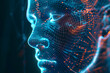 A striking digital art piece capturing a human face dissolving into an array of glowing data particles, symbolizing the fusion of technology and humanity.