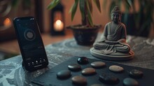 Cell Phone And Buddha Statue On Table