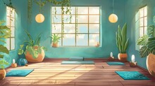 Serene Yoga Studio Interior At Sunrise