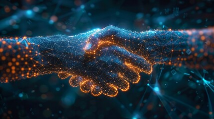 Fototapete - A hand is shaking another hand in a digital image. Concept of connection and collaboration between two people