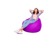 © deagreez - Full size portrait of calm charming lovely cute sweet gorgeous lady with her hairstyle she look on top hold hand behind head sit isolated on shine violet background