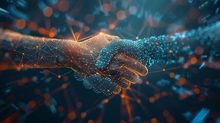 Fototapete - A hand is shaking another hand in a digital image. Concept of connection and collaboration between two people