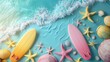 Summer surfboards activity seashell colorful background, 3D low poligon, topview composition Generative AI